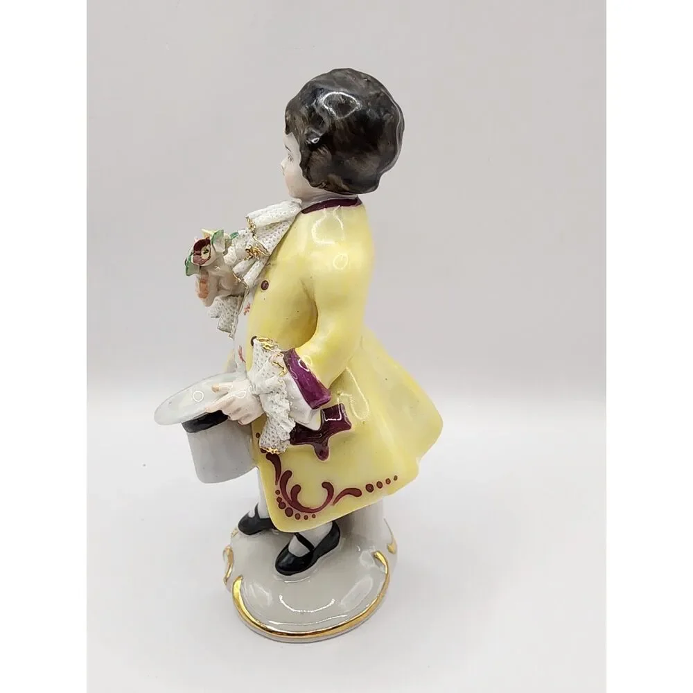 Frankenthal Germany Porcelain Boy Figurine Yellow Coat Flowers 6 inches
